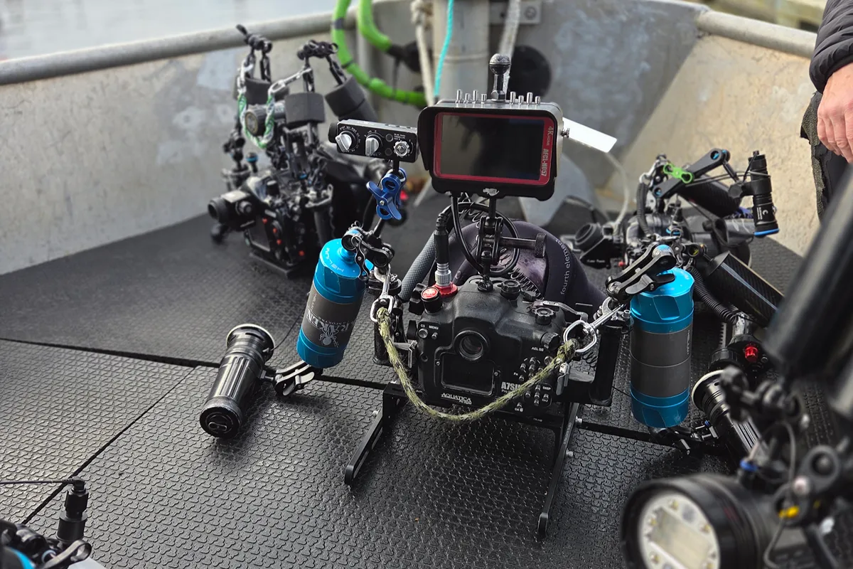 My underwater camera rig with the ultralight camera solutions large camera sled on the deck of a dive boat in Port Hardy, BC.