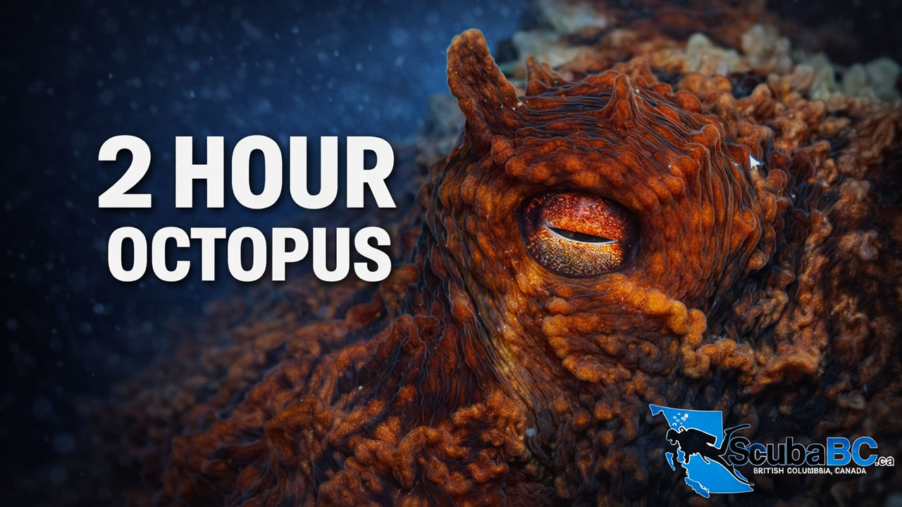 Close-up of a giant Pacific octopus eye filmed underwater in British Columbia